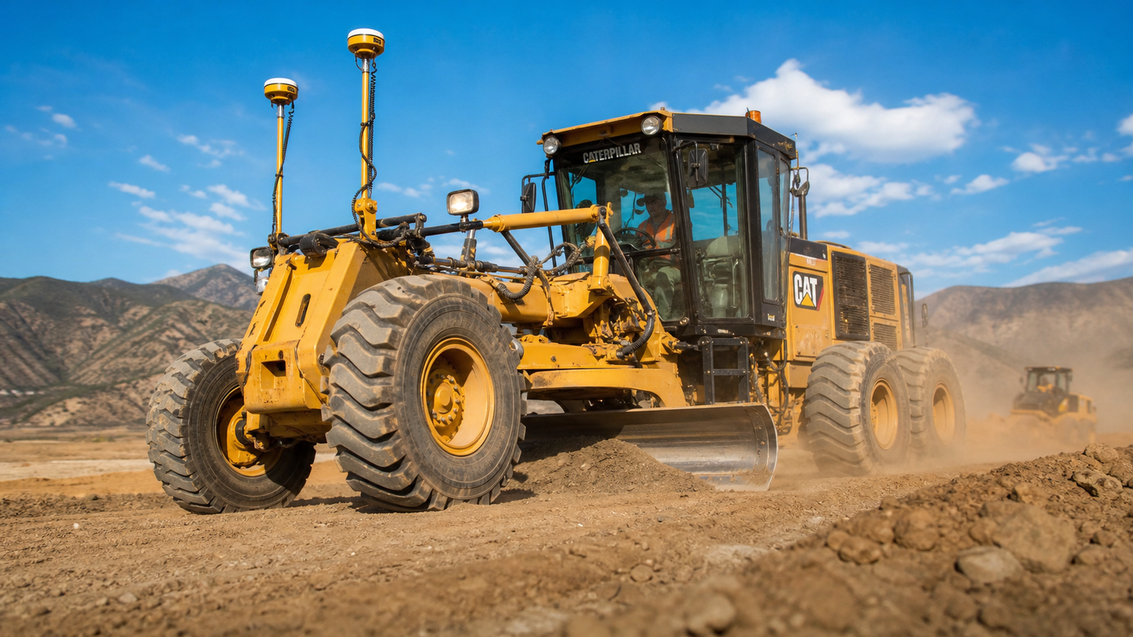 GPS laser-equipped motor grader on California earthworks site