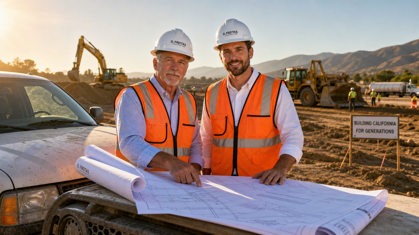 Trinchero family leadership reviewing blueprints on active job site