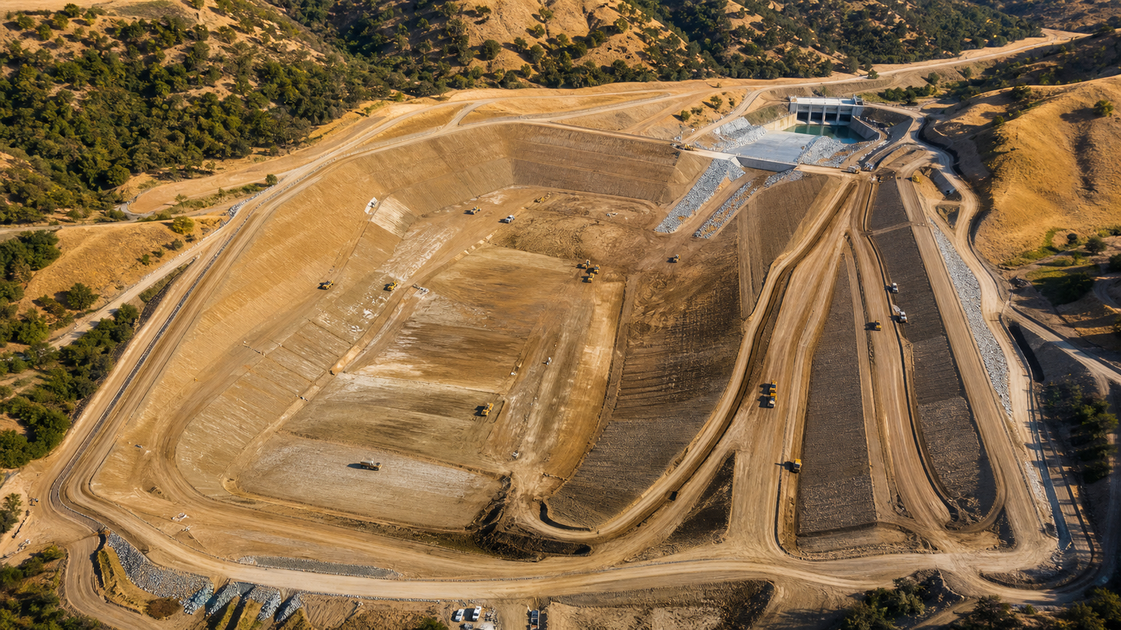 Aerial view of earthwork dam and detention basin construction