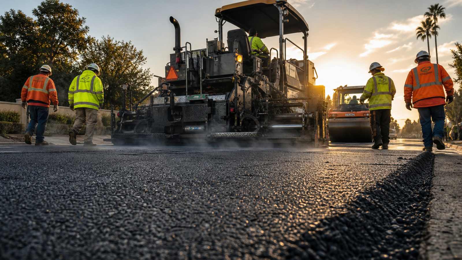 Asphalt paving crew on municipal road