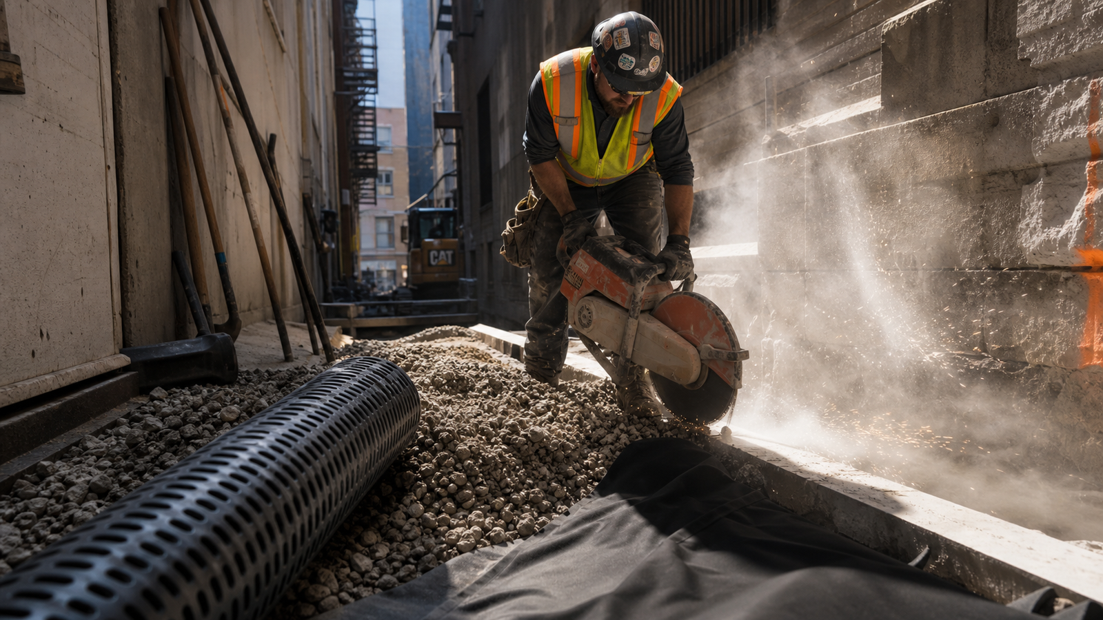 Wet utility installation, French drain