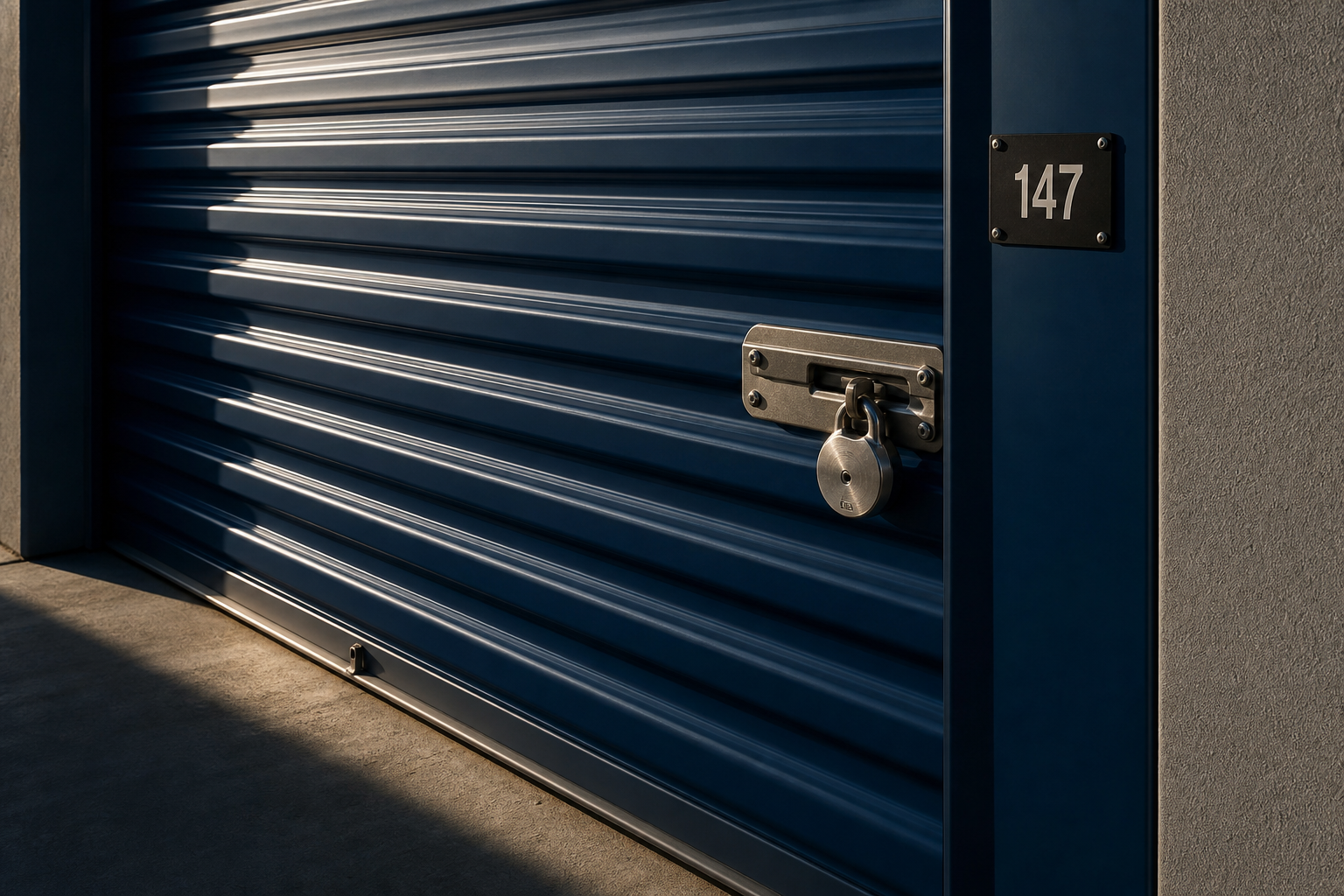 Premium navy storage unit door with dramatic California light